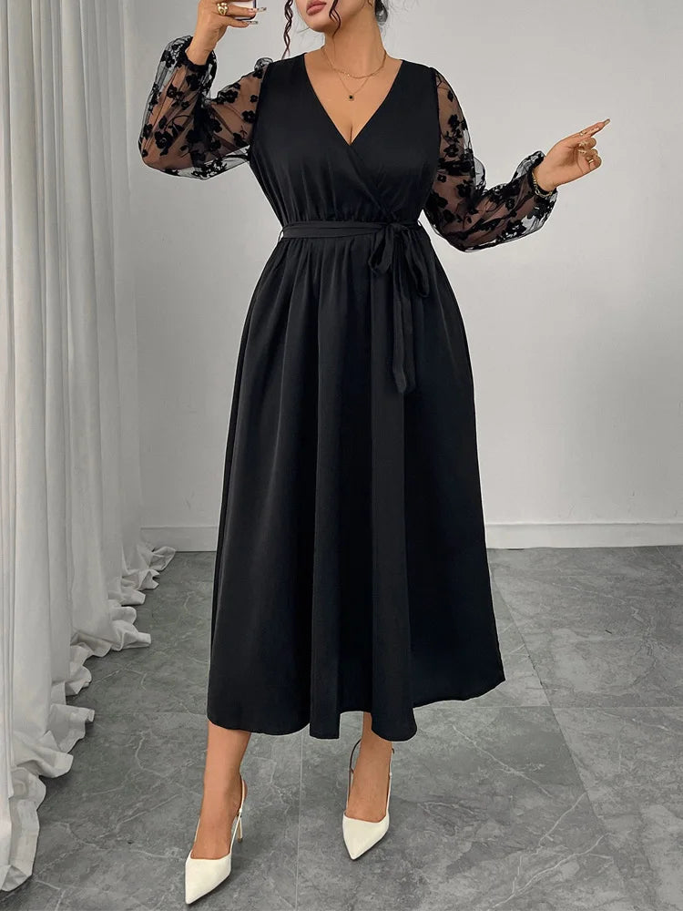 Floral-Mesh Sleeve Wrap Maxi Dress