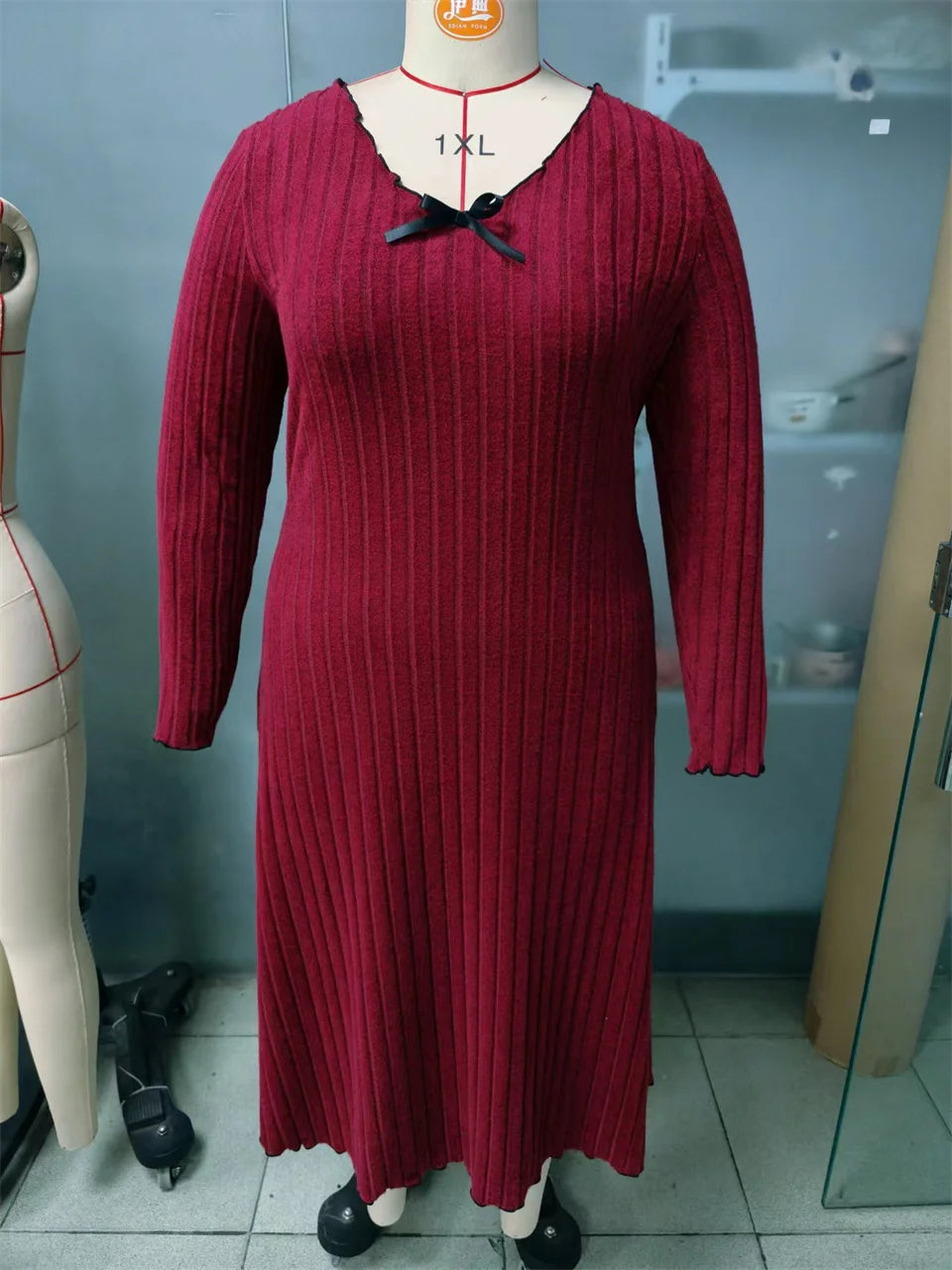 Ribbed Bow-Neck Midi Dress