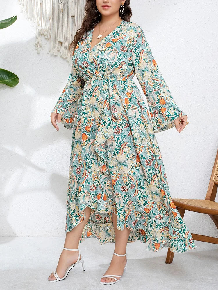 Botanical Ruffle-Hem Wrap Maxi Dress