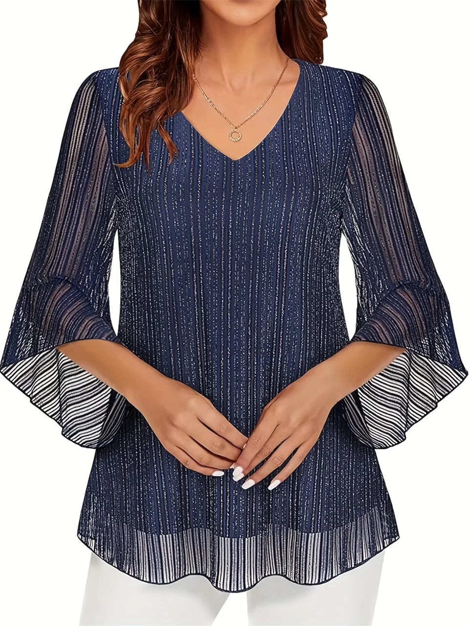Shimmer-Stripe Flared-Sleeve Blouse