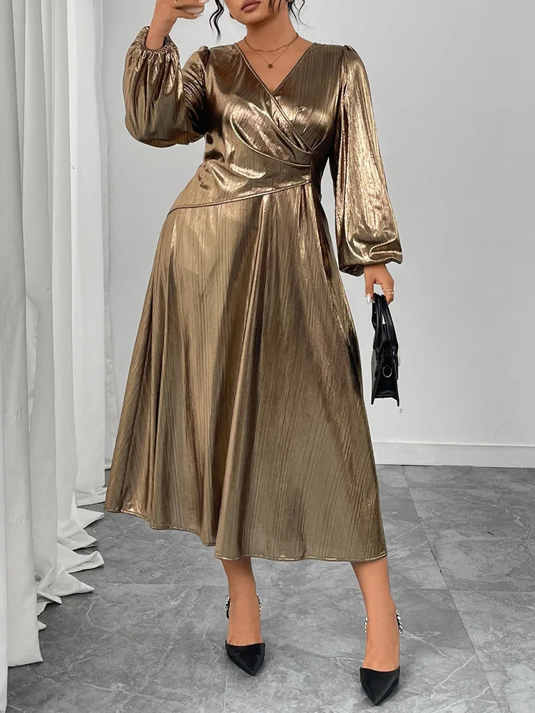 Metallic Wrap A-Line Midi Dress