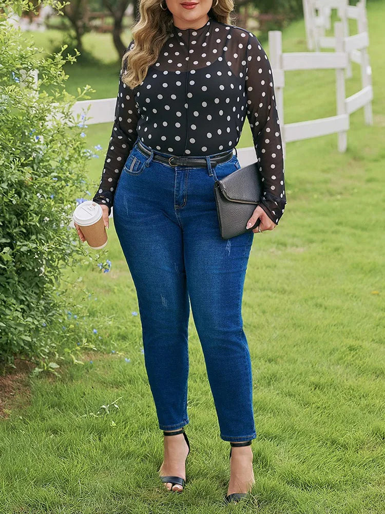 Polka-Dot Sheer Mock-Neck Top