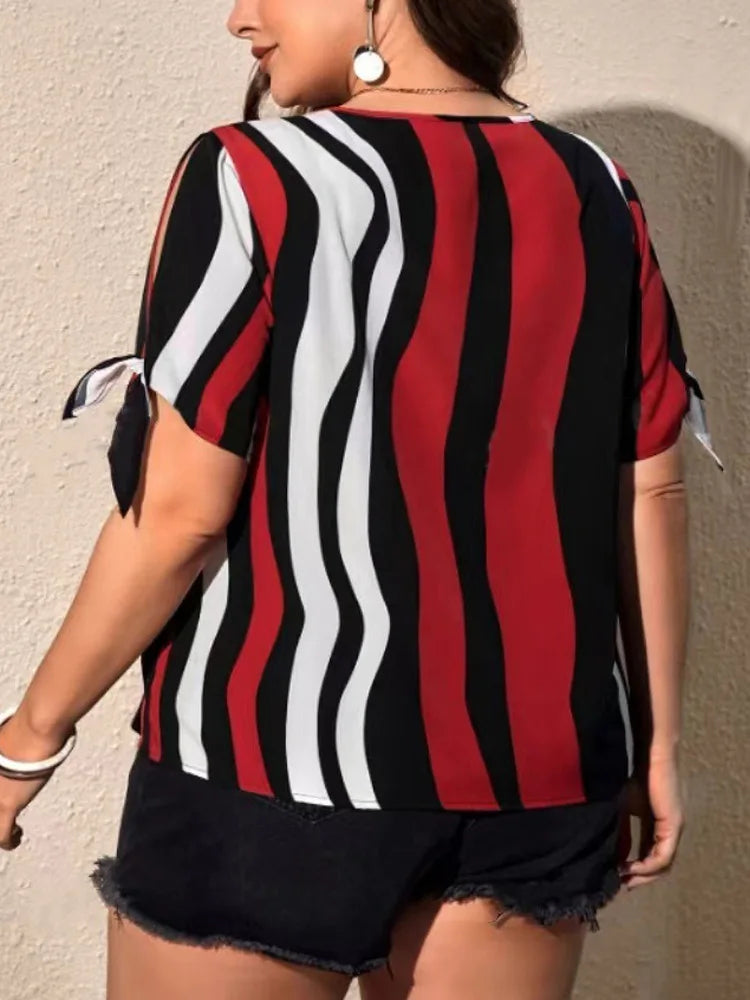 Wavy-Stripe Bow-Sleeve Top