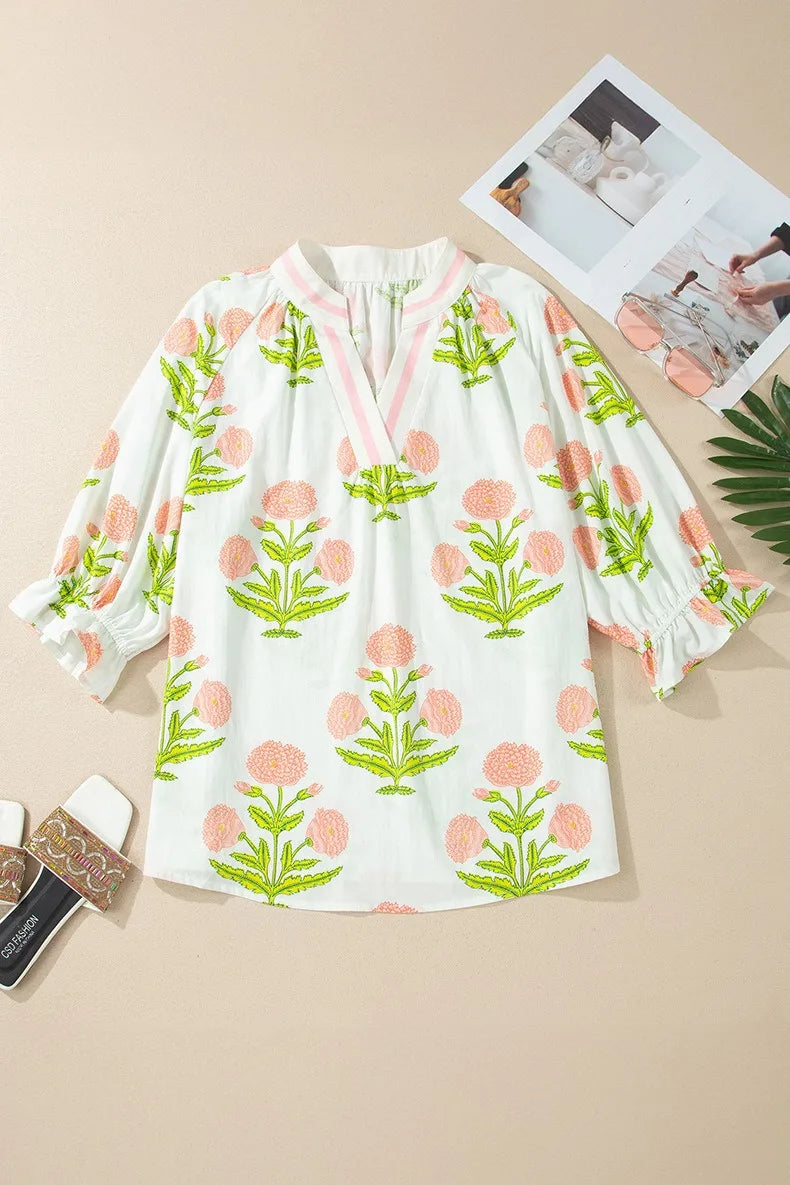 Pink-Floral Split-Neck Blouse