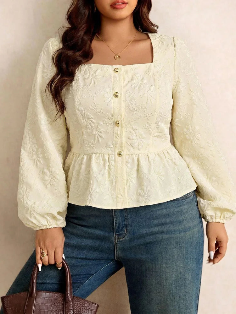 Jacquard Square-Neck Peplum Blouse