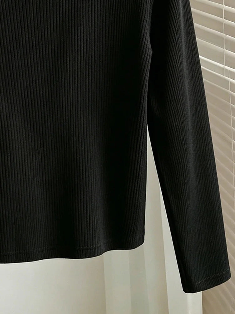 Pearl-Collar Ribbed Long-Sleeve Top