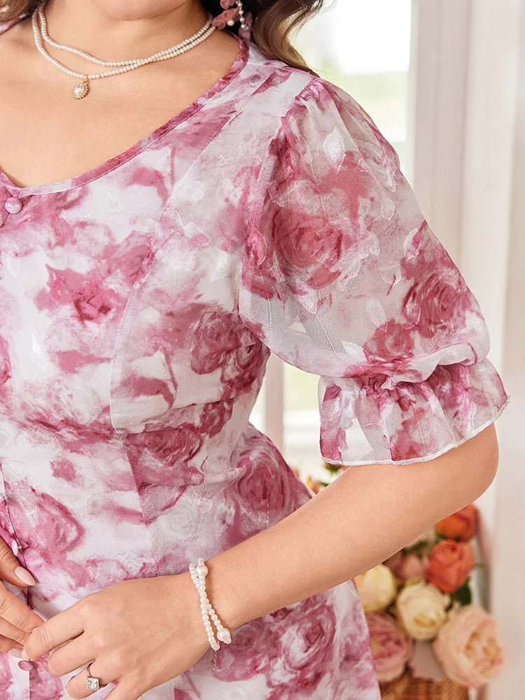 Rose-Print Puff-Sleeve Maxi Dress