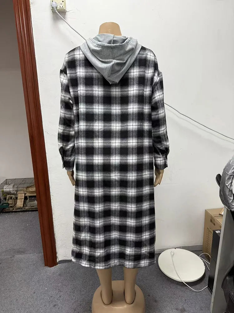 Plaid Hooded Longline Shirt Jacket