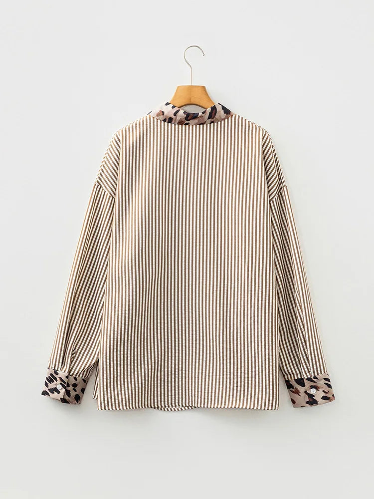 Pinstripe Leopard-Trim Pocket Shirt