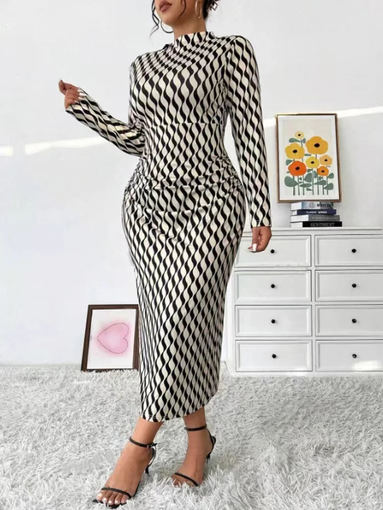 Wave-Print Mock-Neck Column Dress