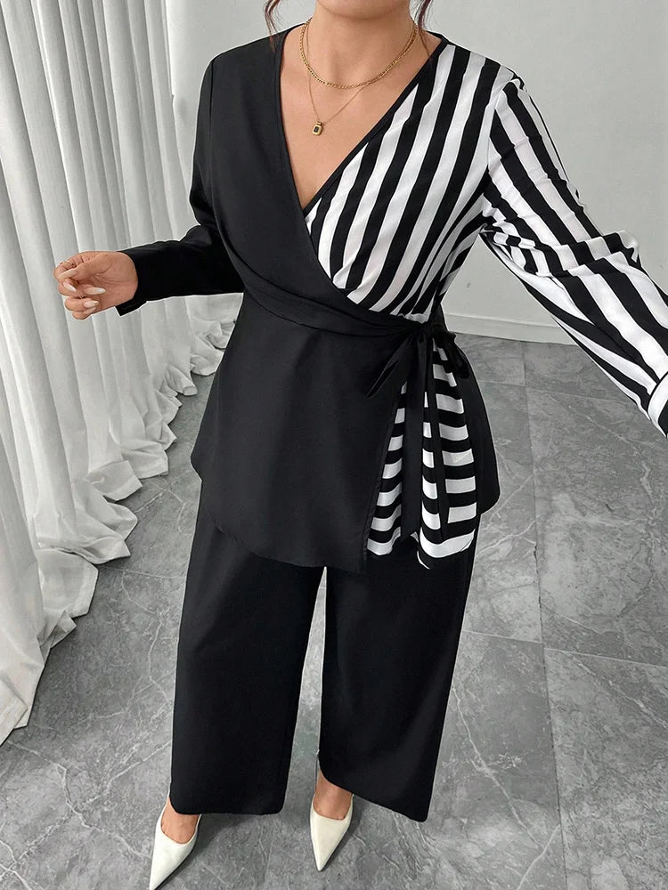 Striped Wrap Top & Wide-Leg Pants Set
