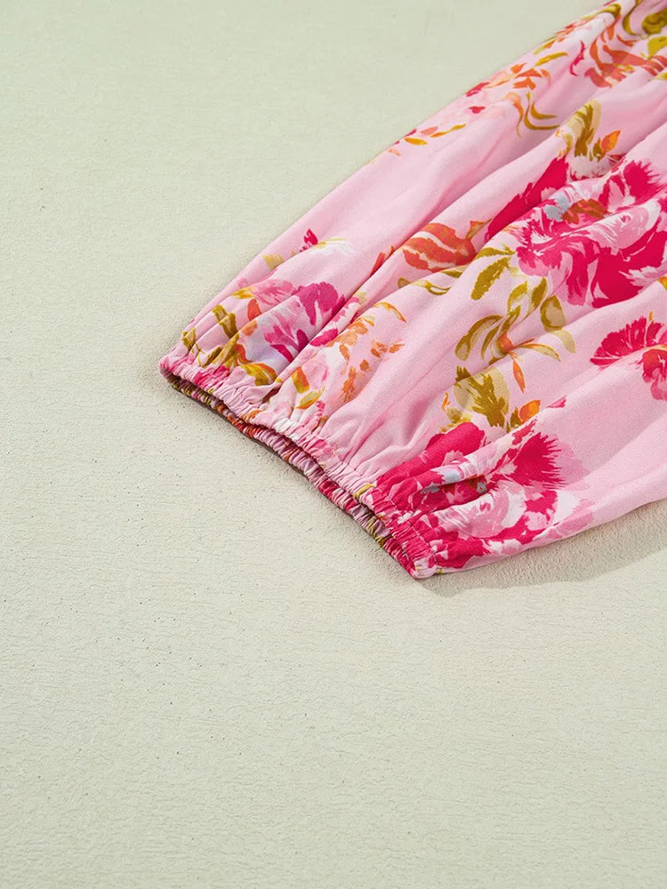Floral Tie-Neck Three-Quarter Blouse