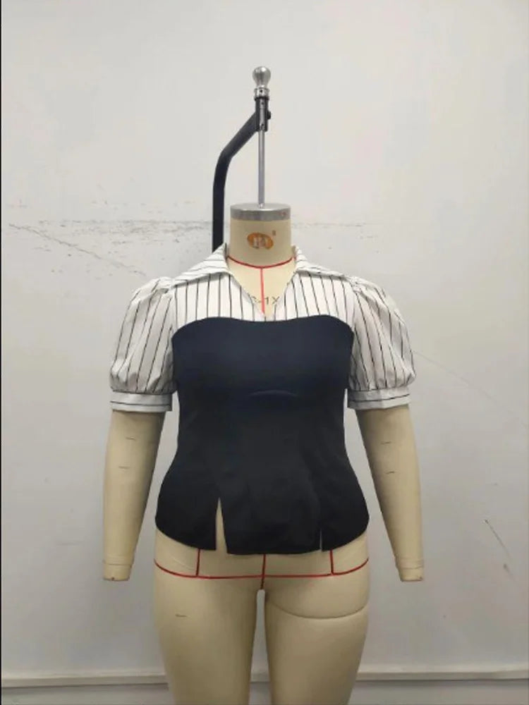 Pinstripe Bustier-Style Peplum Blouse