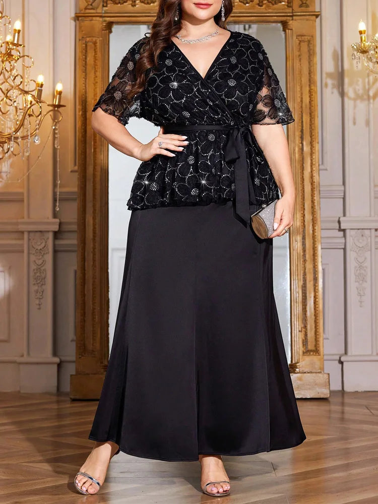 Sequin-Lace Peplum Top & Maxi Skirt Set