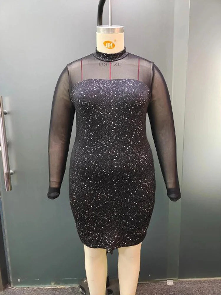 Glitter Mesh-Yoke Mini Dress