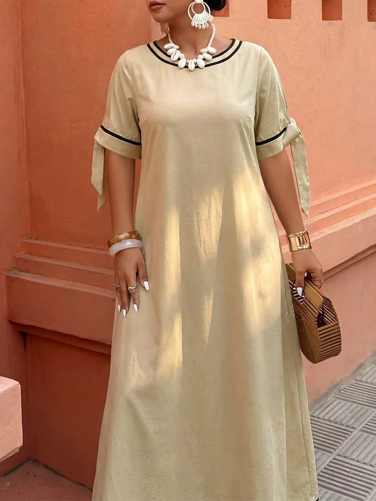 Contrast-Trim Tie-Sleeve Maxi Dress