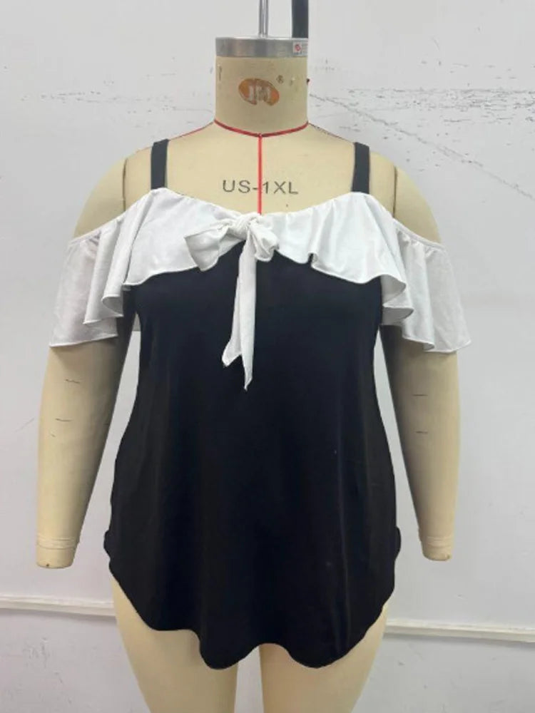 Contrast-Ruffle Cold-Shoulder Top
