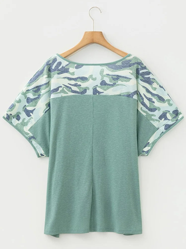 Camo-Raglan V-Neck Top