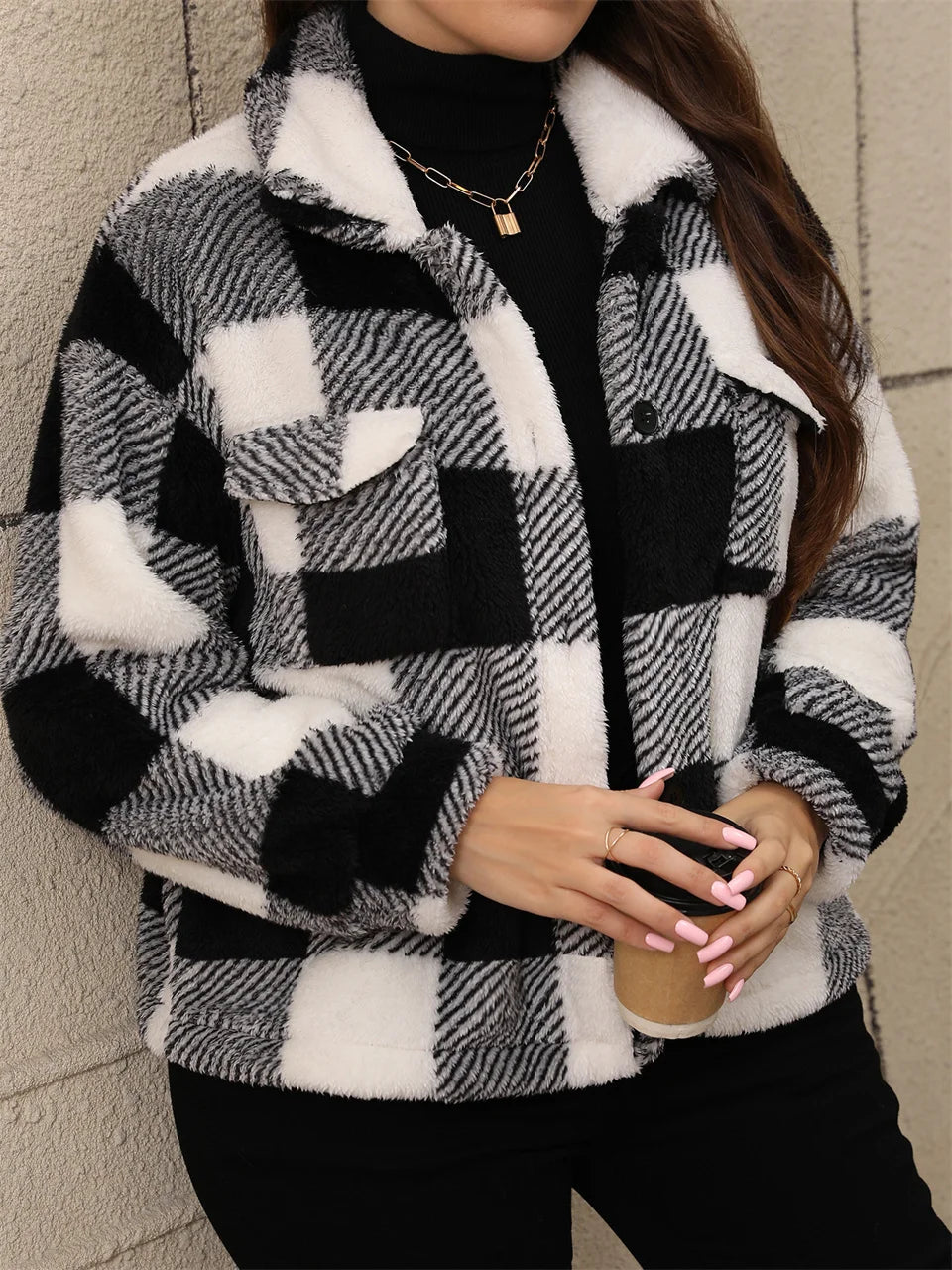 Fuzzy Plaid Button-Front Shirt Jacket