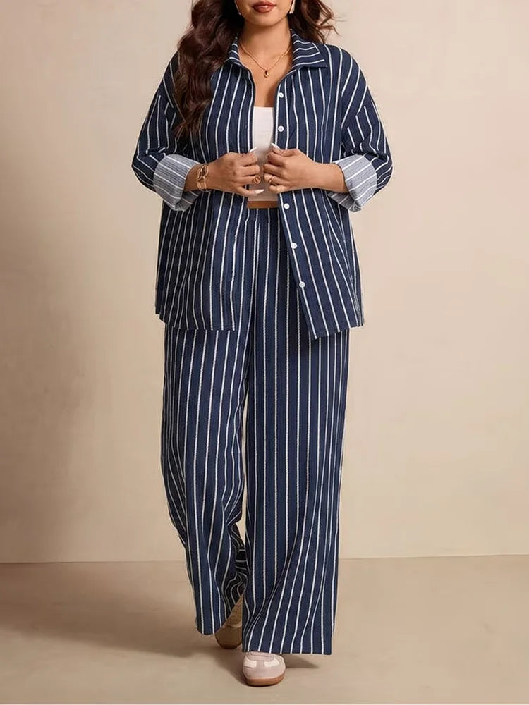 Striped Button Shirt & Wide-Leg Pants Set