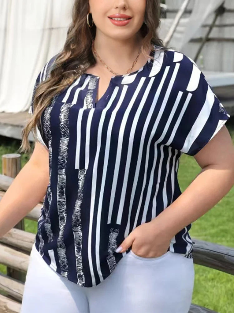 Mixed-Stripe Split-Neck Blouse