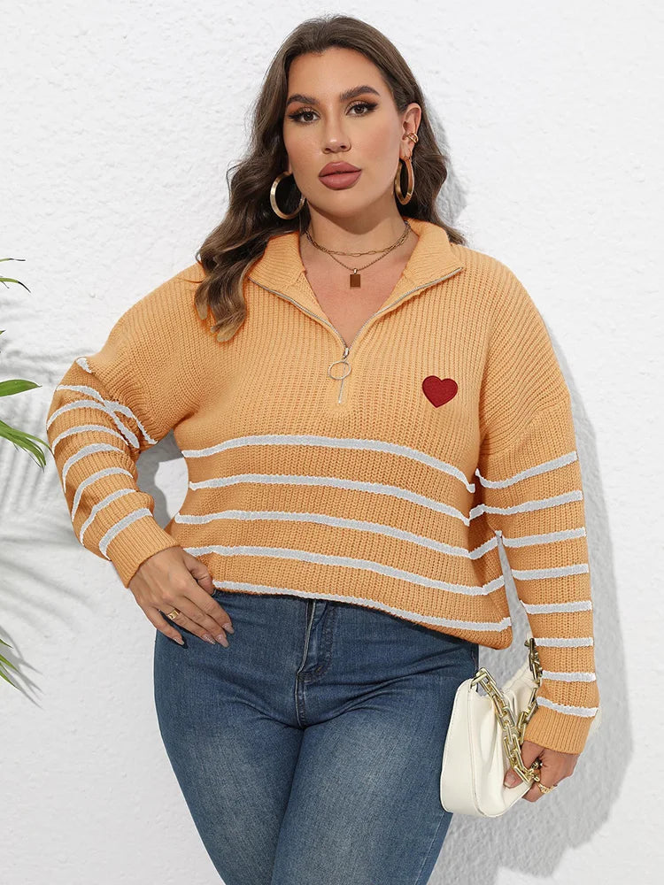 Heart-Appliqué Half-Zip Striped Sweater