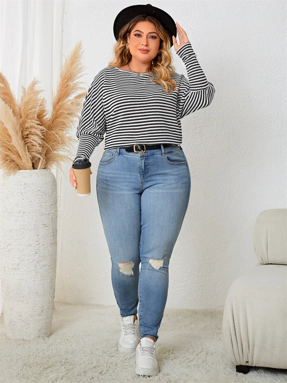 Striped Balloon-Sleeve Knit Top