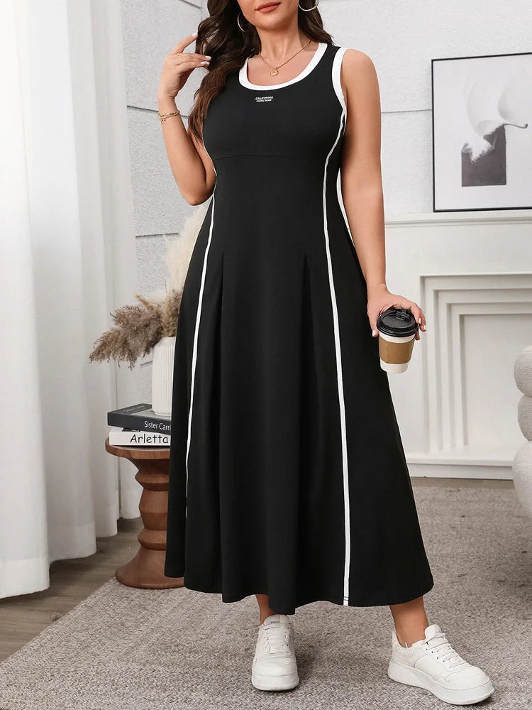 Contrast-Trim Sleeveless Maxi Dress