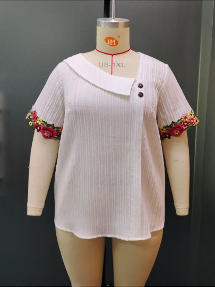Embroidered-Cuff Square-Neck Blouse