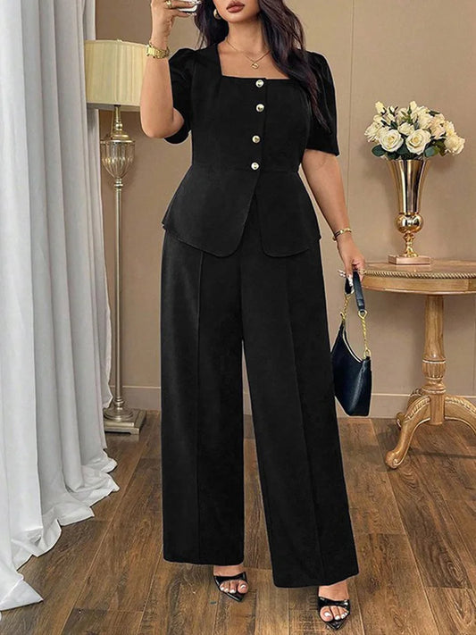 Square-Neck Button Peplum Top & Pants Set