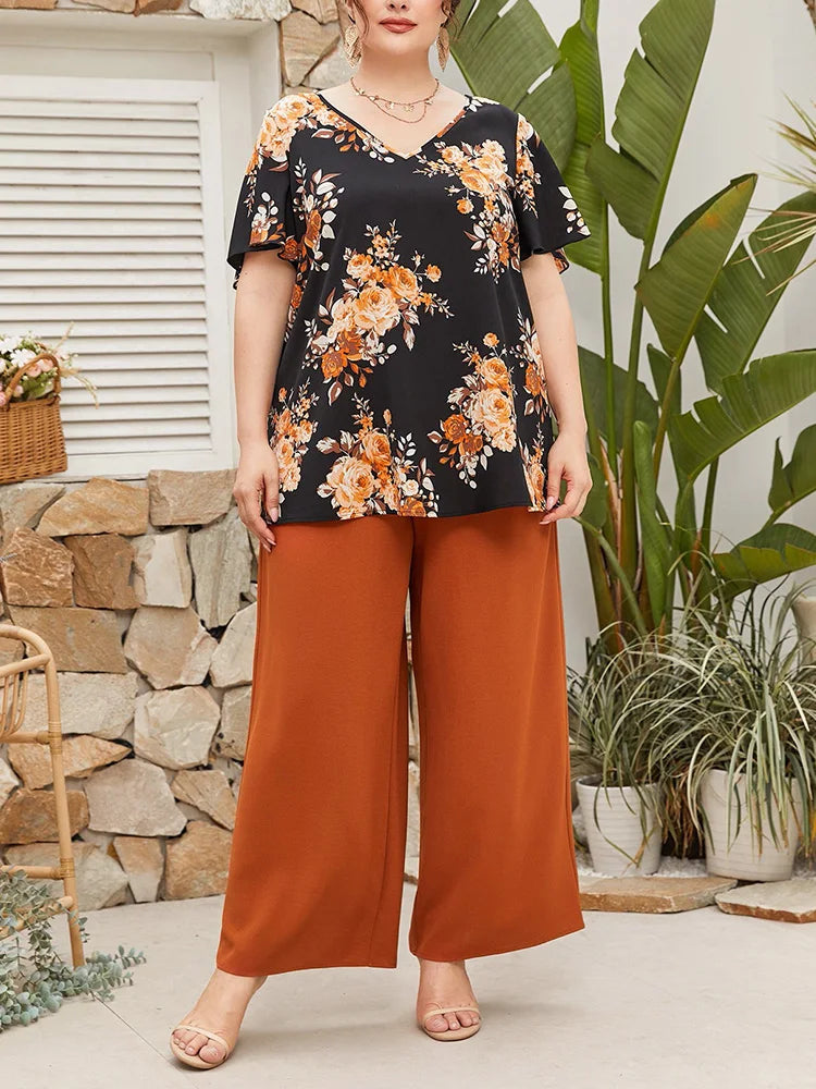 Floral V-Neck Top & Wide-Leg Pants Set