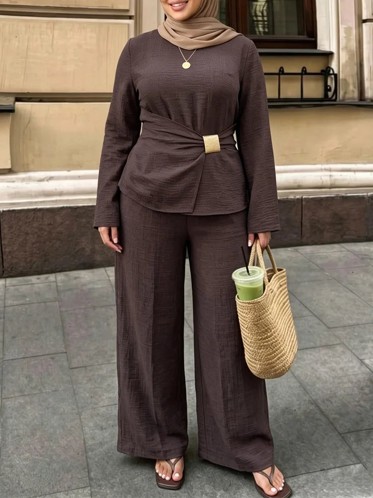 Textured Buckle-Wrap Top & Wide-Leg Pants Set