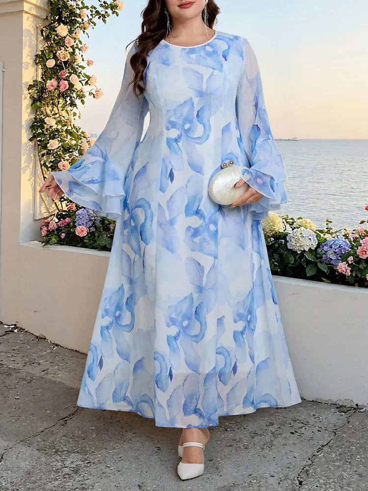 Watercolor Bell-Sleeve Maxi Dress