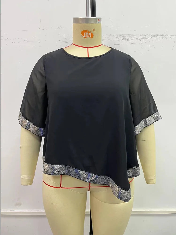 Sequin-Trim Asymmetric Sheer Top