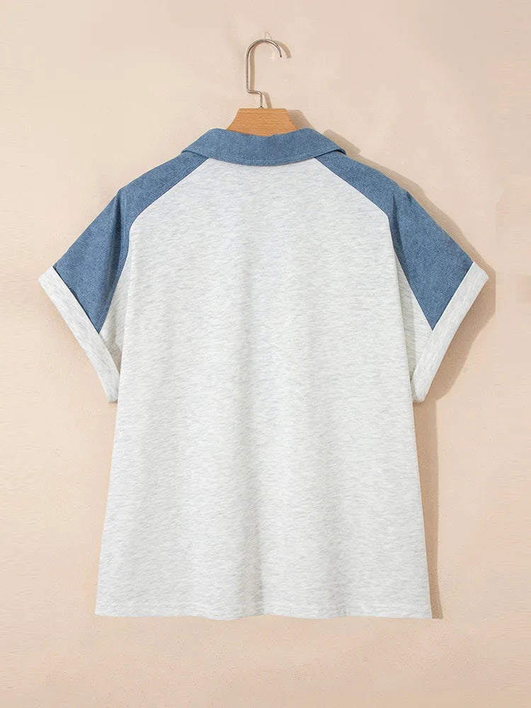 Colorblock Polo-Collar Button-Placket Top