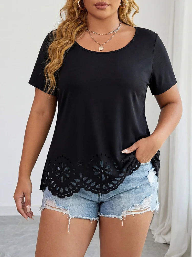 Cutwork Scallop-Hem Short-Sleeve Top