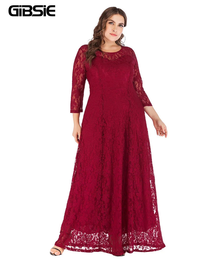 Three-Quarter-Sleeve Lace Maxi Dress