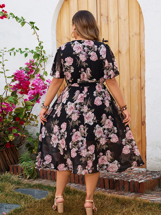 Floral Flutter-Sleeve Wrap Midi Dress