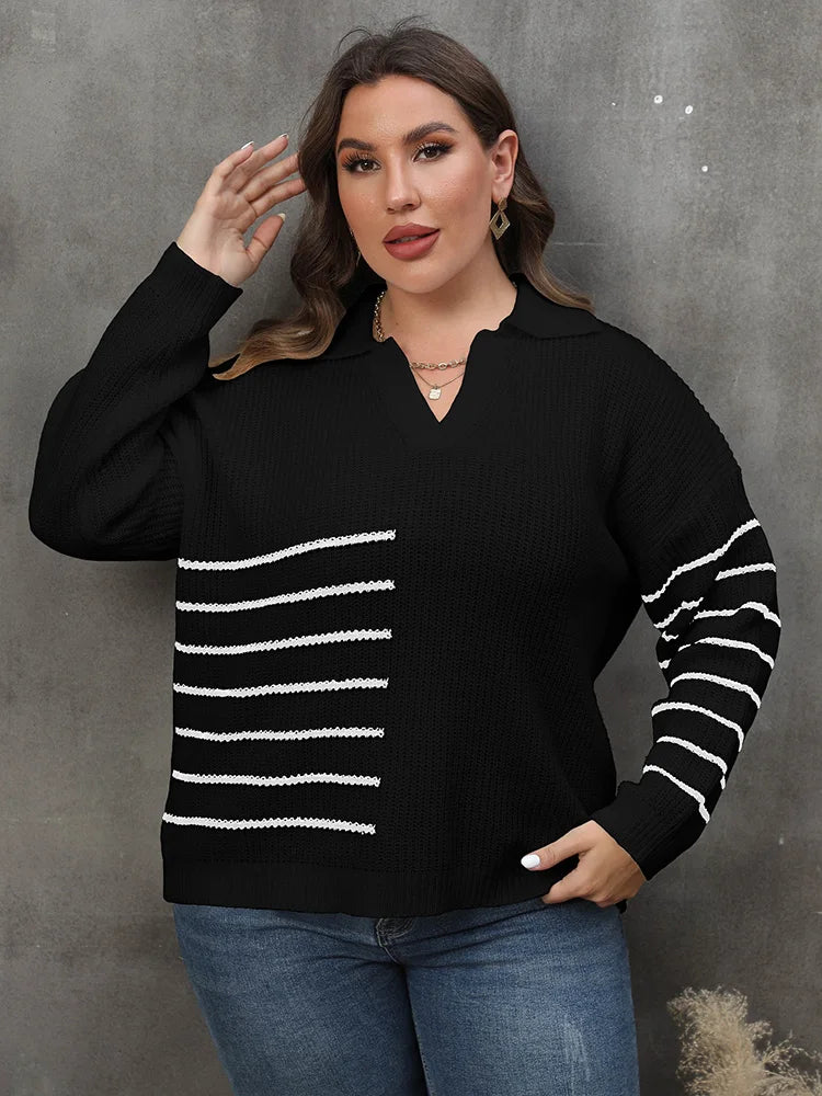Asymmetric-Stripe Polo-Collar Sweater