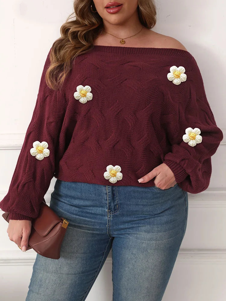 Colorful Floral-Appliqué Textured Sweater