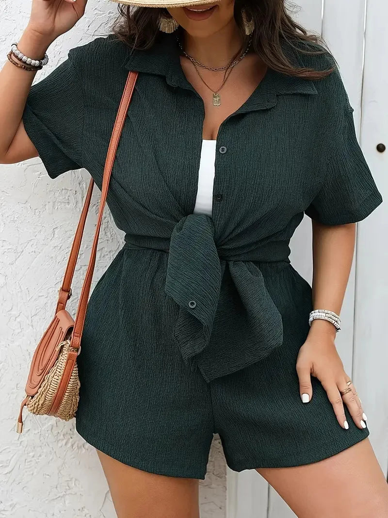 Textured Button Shirt & Drawstring Shorts Set