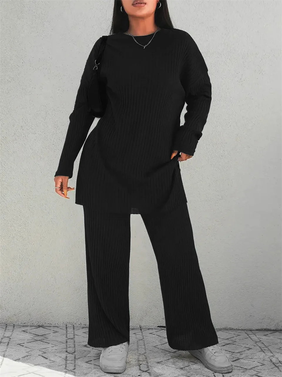 Ribbed Longline Top & Wide-Leg Pants Set