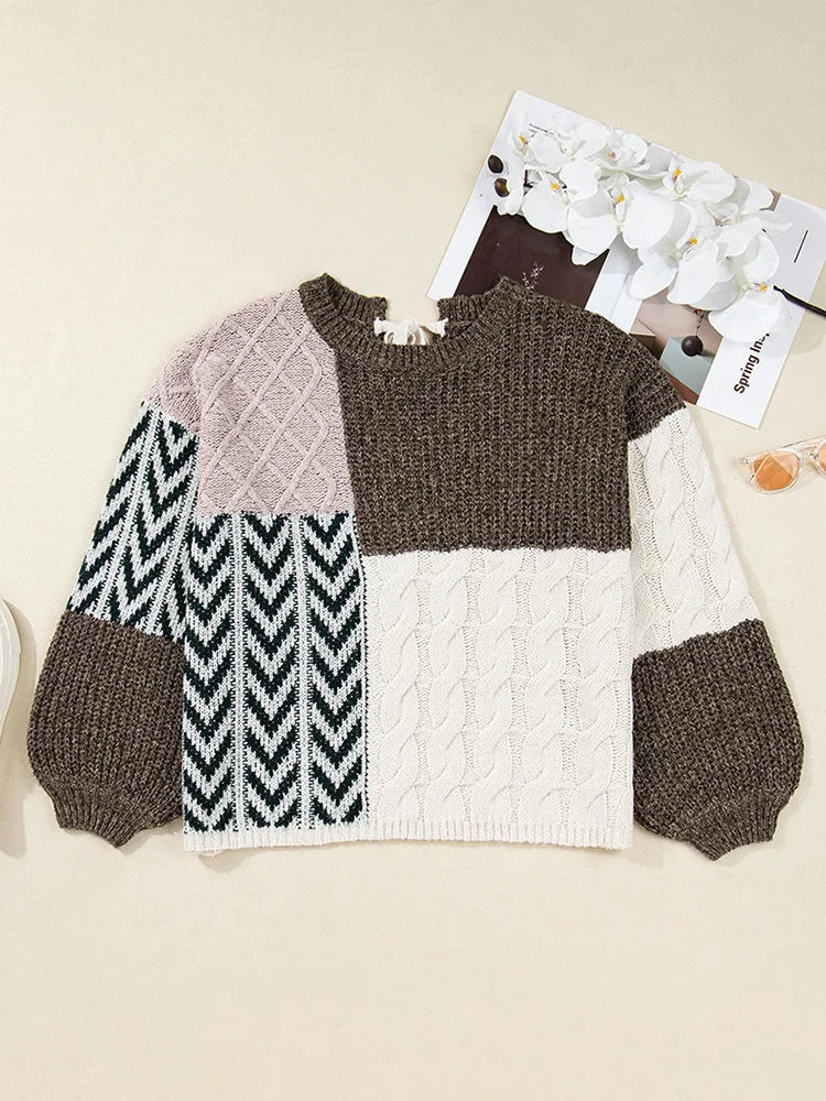 Mixed-Pattern Drawstring-Hood Sweater