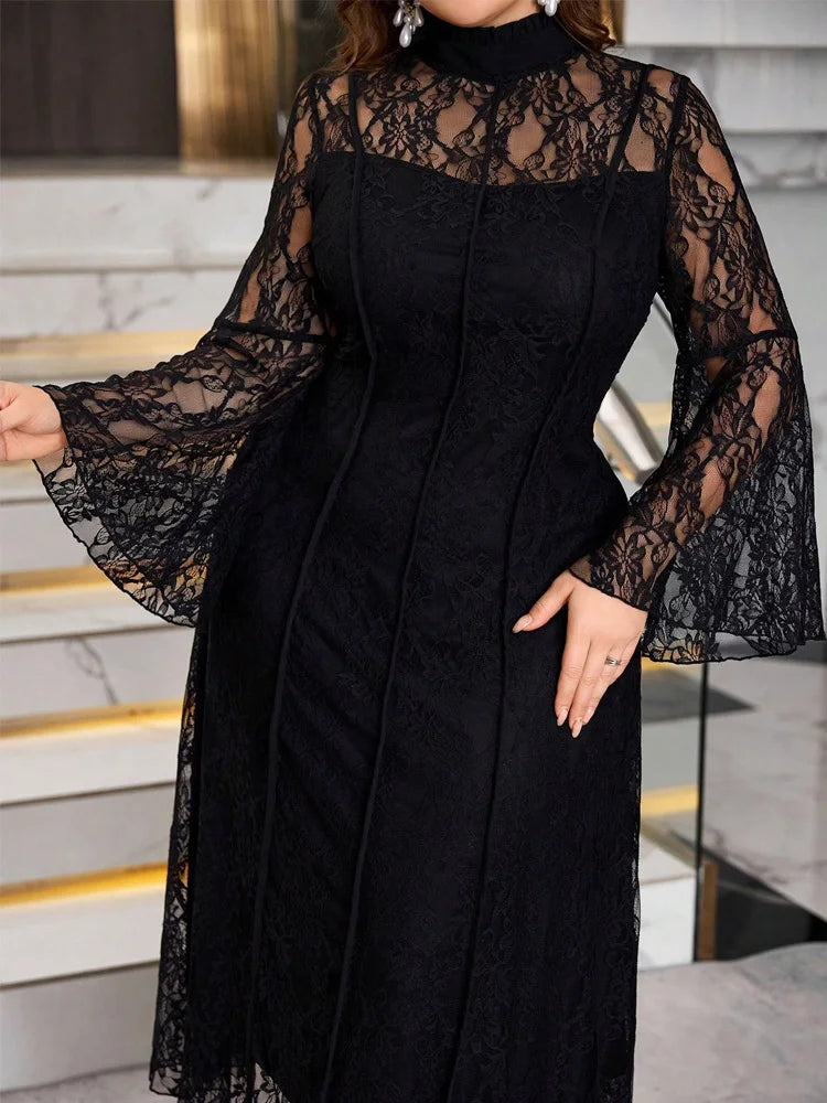 High-Neck Lace A-Line Midi Dress