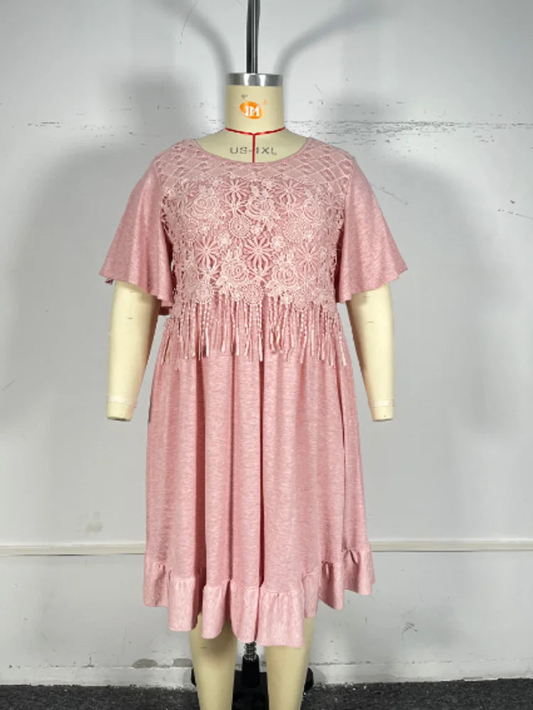 Lace-Trim Flutter-Sleeve Maxi Dress