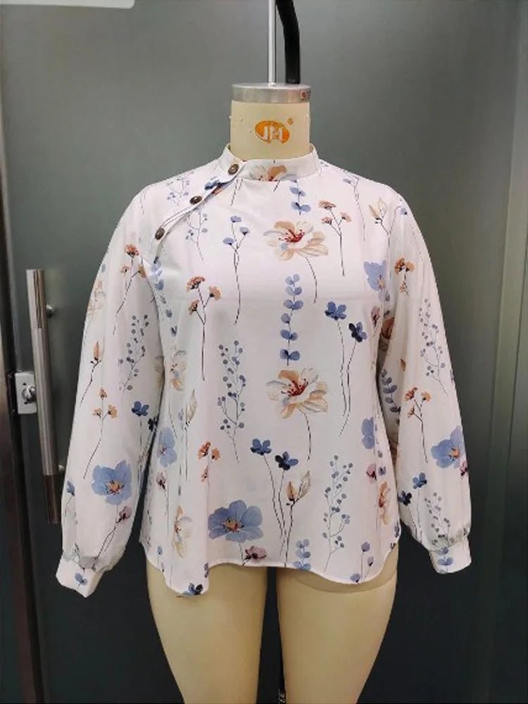 Floral Asymmetric-Button Blouse
