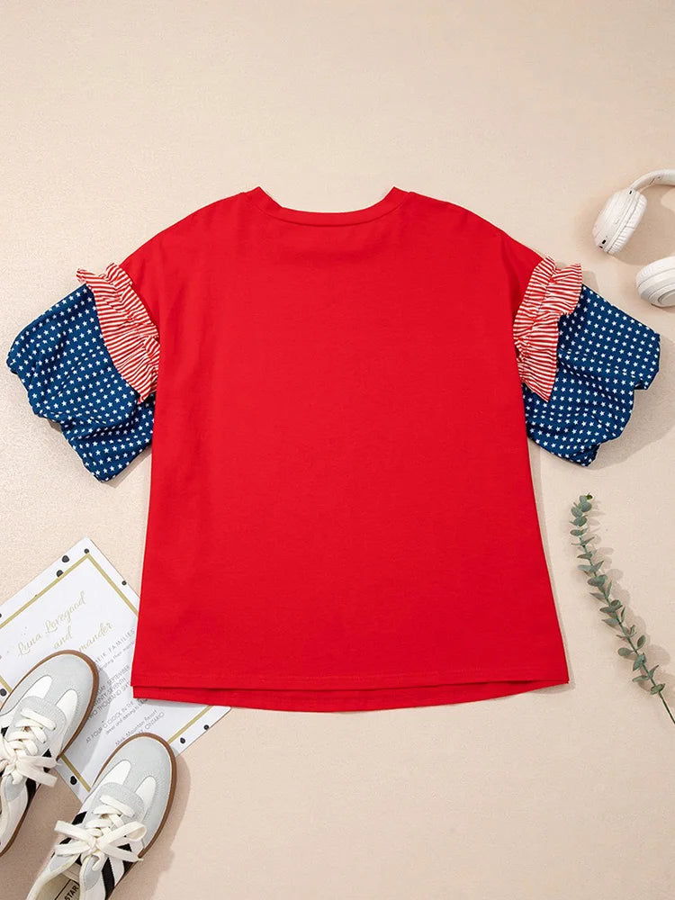 Star-Print Ruffle Puff-Sleeve Top