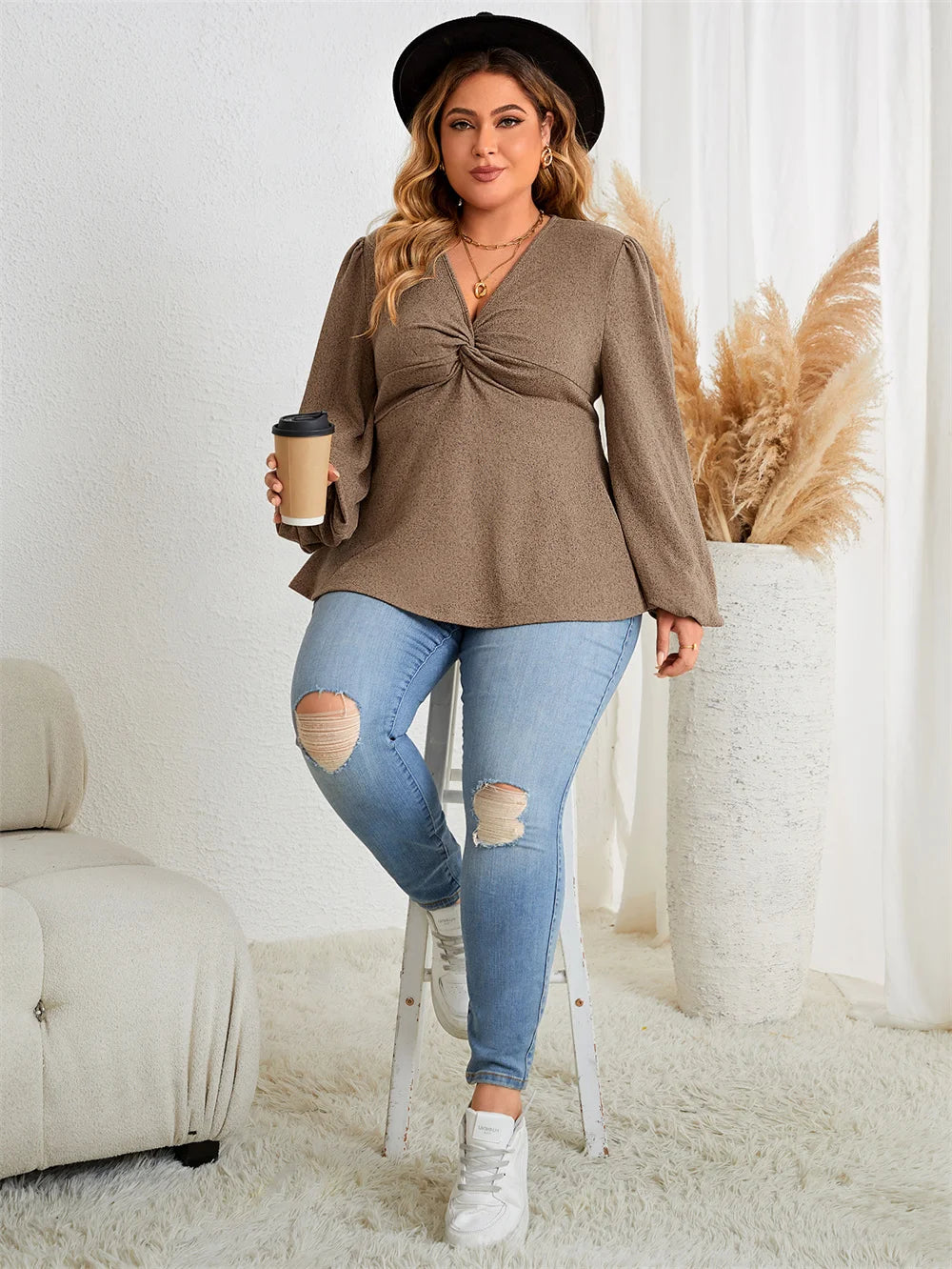 Twist-Front Bell-Sleeve Peplum Top