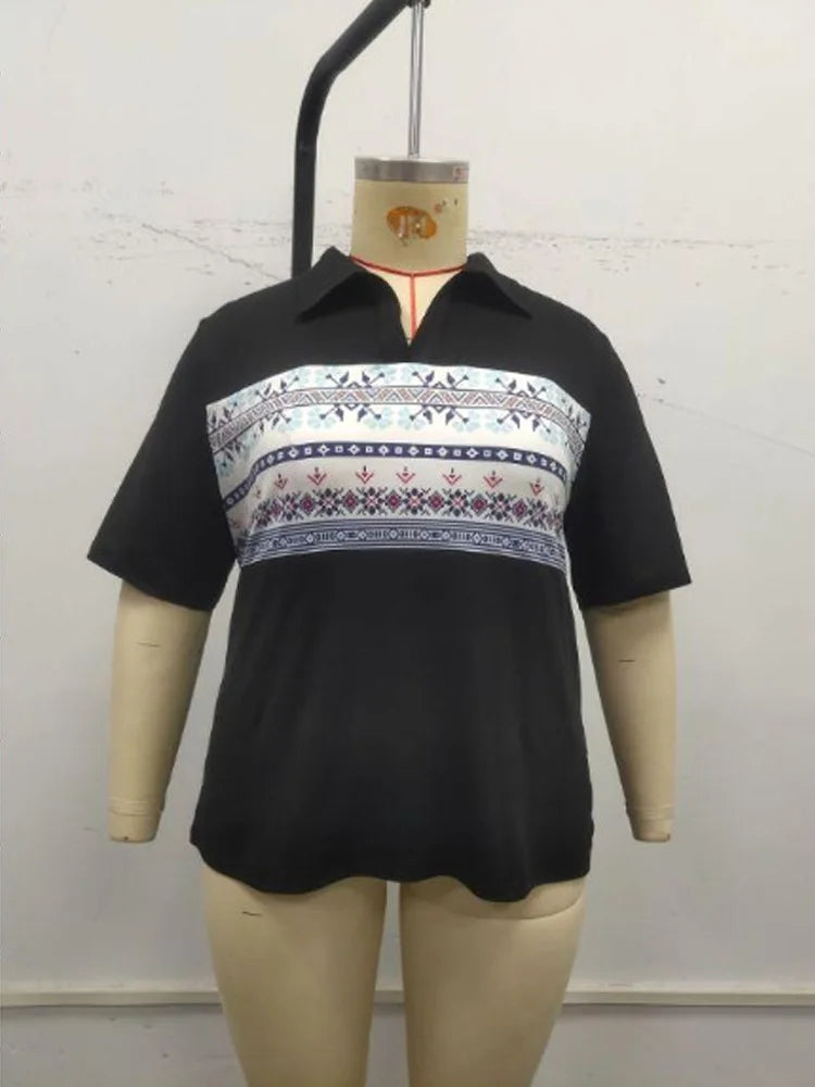 Geometric-Panel Polo-Collar Top