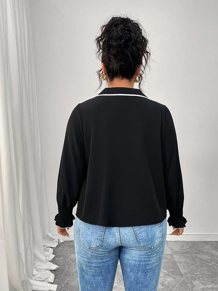 Contrast-Bow Ruffle-Cuff Blouse